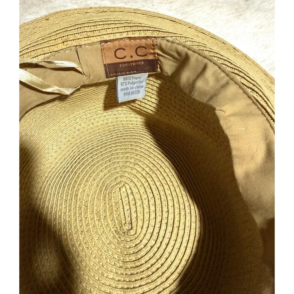 C.C Frayed Bow Trim Band Panama Hat Tan With Pink Bow Floppy Sun Beach Hat Paper